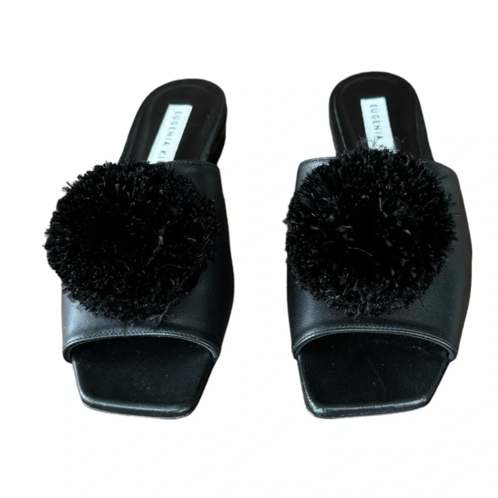 Eugenia Kim Black Leather Slides With Black Large Ostrich Feather Pom Pom Sz 37